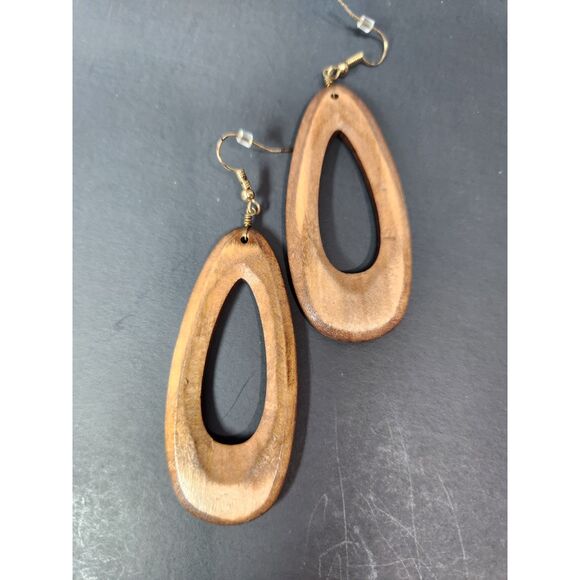 Plunder Wooden Teardrop Dangle Earrings Brown Natural Boho Lightweight Rustic - Picture 3 of 6
